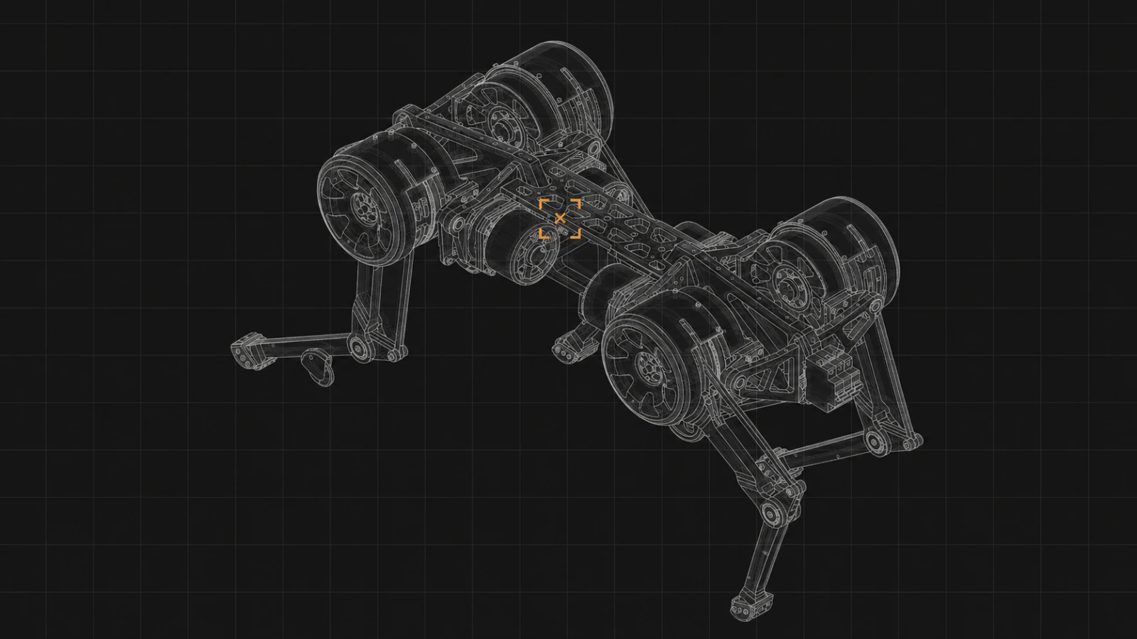 Realistic CAD wireframe study of a quadruped ground robot chassis and articulated legs.
