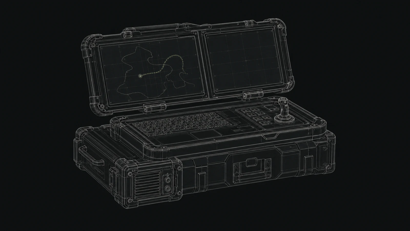 Technical line sketch of a rugged human-operated field mission console.