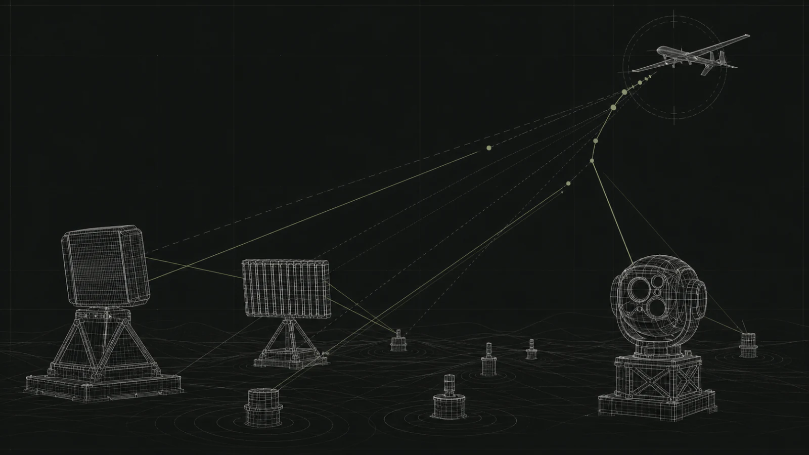 Technical sketch of radar, RF and optical sensors converging on one verified aerial track.